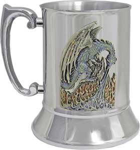 16 oz "Gothic Flaming Dragon" Pewter Emblem Stainless Steel Double Wall Premium Tankard