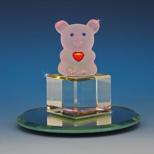 Miniature Lovable Pig Figurine With Swarovski Red Crystal heart Airbrushed Pink Glitter Sitting Pretty On a Crystal Cube Hand Blown