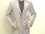 Dragonfly Clothing Mens Velvet Blazer Silver Grey with Tattoo Dragon Design, Musician Rocker Blazer