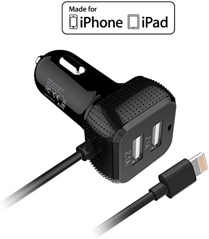 JANX Apple MFI Certified 6.6Amp (33 Watt) Dual USB Port Car with Built in Lightning Cable in Car Charger Designed for Apple and Android Devices - Black