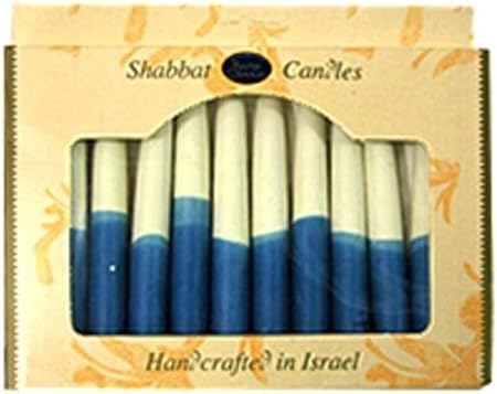 Safed Beeswax Blue &amp; Off White Shabbat Candle Set