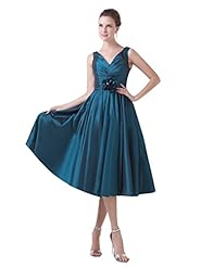 A-line V-neck Natural   Waistline Taffeta Lace Tea Length Bridesmaid Dress 