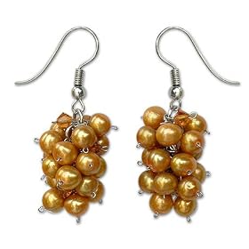 Pearl earrings, 'Golden Grapes' 1" W 2" L by 