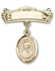 14K Gold Baby Badge with St. Ignatius Charm and Arched Polished Badge Pin