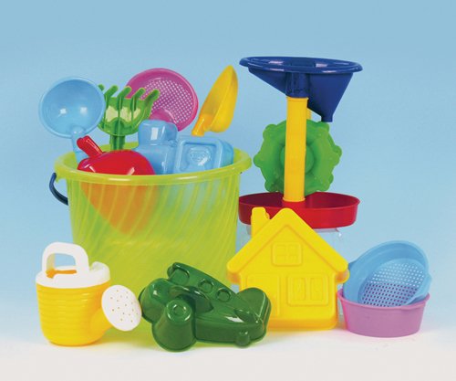 13PC - DELUXE LARGE 8 INCH BEACH SAND BOX BUCKET + ACCESSORIES - RAKES, SHOVEL, SCOOP ETC.