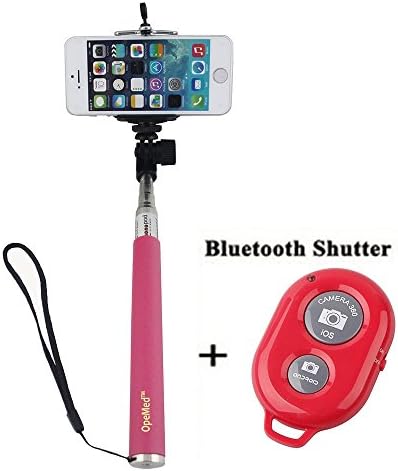 OpeMed(TM) Extendable Self Portrait Selfie Handheld Stick Monopod Pod + Bluetooth Wireless Remote Control Camera Shutter Release Self Timer For iPhone Samsung camera with 1/4 inch Screw Hole (Hot Pink)