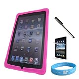 iPad Silicone Skin Pink Case + Silver Stylus for Apple iPad + Anti-Glare Screen Protector + Wristband