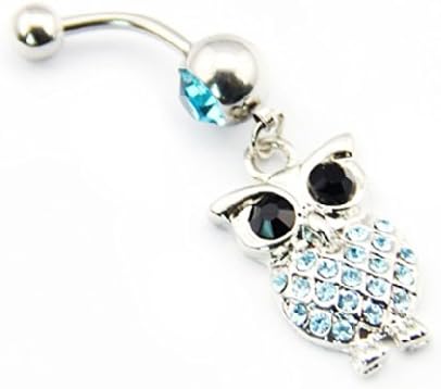 Sexy Belly Button Ring 316L Surgical Steel 14 Guage Navel Belly Button Ring Bar - Blue Rhinestone Black Gem Eyed Owl Design-By Simplifestyle