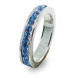 Eve's Addiction Sapphire Blue CZ Channel Set Sterling Silver Eternity Ring