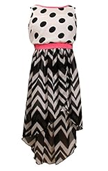 Girls High-Low-Hem Chevron Print Polka Dot Print Sheer Keyhole Sleeveless Elasticized   Waistline Round Neck Chiffon/Jersey/Polyester/Knit  Dress