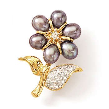 14kt. Gold Black Pearl And Diamond Flower Pin