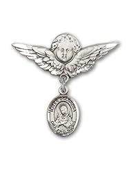 Sterling Silver Baby Badge with Mater Dolorosa Charm and Angel with Wings Badge Pin