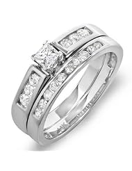 14k White Gold Princess & Round Diamond Ladies Bridal Ring Set Engagement Set... by 
