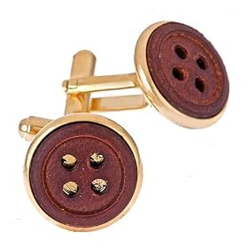 Gold plated cufflinks with brown leather button accents with presentation box