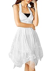 V-neck Halter Sleeveless Asymmetric Lace Mini Dress 
