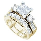 1 Carat Princess Round Baguette Diamond 14k Yellow Gold Bridal Set