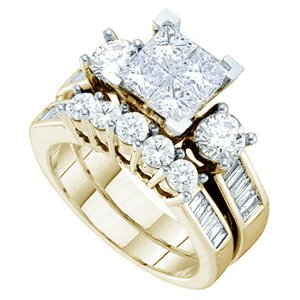 1 Carat Princess Round Baguette Diamond 14k Yellow Gold Bridal Set Ring