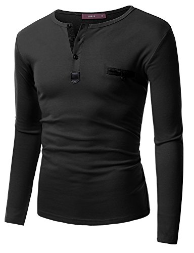 Doublju mens long sleeve leather point henley t-shirts