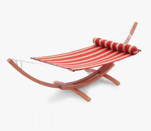 RST Outdoor Cantina Wood Arc Hammock with Striped Polyspun Hammock Set with Bolster Pillow Patio Furniture
