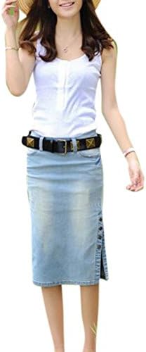 Babyhclub Women's Midi Length Denim Skirt Slim Side Slit Pencial Skirts