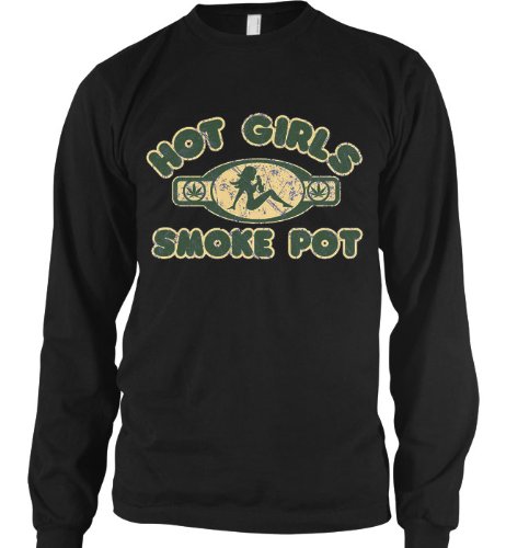 Hot Girls Smoke Pot Mens Thermal Shirt, Funny Trendy Hot Weed Smoking Mens Long Sleeve Thermal, X-Large, Black