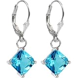 .925 Sterling Silver Aqua (March) Square Cubic Zirconia Earrings