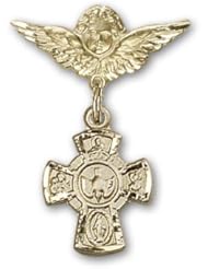14K Gold Baby Badge with 5-Way Charm and Angel with Wings Badge Pin