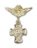 14kt Gold Baby Badge with 5-Way Charm and Angel w/Wings Badge Pin
