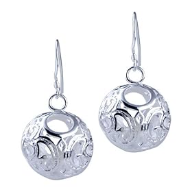 Sterling Silver Dangling Hollow Carved Globe Filigree Dangle Earrings
