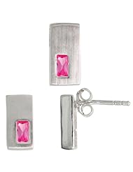 Sterling Silver Matte-finish Rectangular Earrings (11mm tall) & Pendant Slide (11mm tall) Set, w/ Emerald Cut Pink Tourmaline-colored CZ Stones