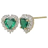 10k Yellow Gold Heart Shaped Lab-Created Emerald and Diamond Earrings