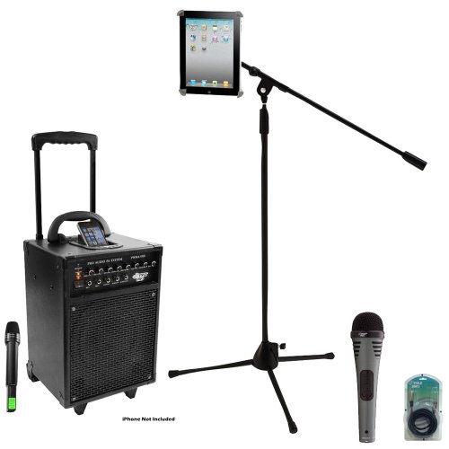 Pyle Speaker, Mic, Cable and Stand Package - PWMA930I 600 Watt VHF Wireless Portable PA Speaker System/Echo W/Ipod Dock - PDMIK2 Professional Moving Coil Dynamic Handheld Microphone - PMKSPAD1 Multimedia Microphone Stand With Adapter for iPad 2 (Adjustable for Compatibility w/iPad 1) - PPFMXLR15 Multimedia Microphone Stand With Adapter for iPad 2 (Adjustable for Compatibility w/iPad 1)