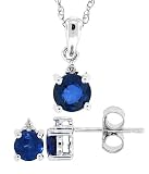 1.24ctTW Genuine Round Sapphire and Diamond Pendant Earring Set in 14Kt White Gold w/chain