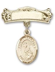 14K Gold Baby Badge with St. Margaret Mary Alacoque Charm and Arched Polished Badge Pin