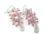 Pink Lucite and Faux Pearl Beaded Cluster Drop Hook Earrings
