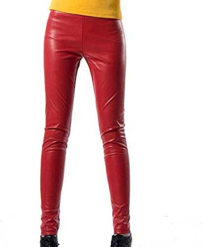Goldensat Women's Autumn Faux Leather Leggings High-waist Stretch Pants Skinny M Red
