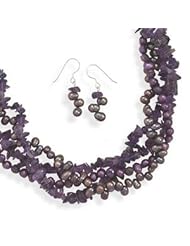 Purple Amethyst and Peacock Pearl Necklace and Earring Set Four Strands