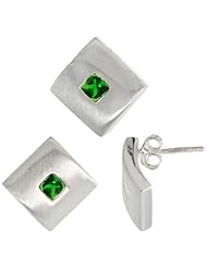 Sterling Silver Matte-finish Square-shaped Earrings (15mm tall) & Pendant Slide (15mm tall) Set, w/ Princess Cut Emerald-colored CZ Stones