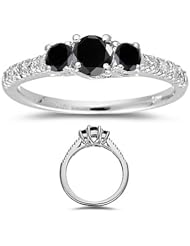 0.85 Cts Black & White Diamond Three Stone Ring in 18K White Gold