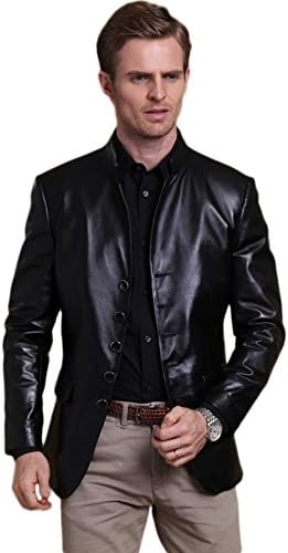 Erechtheus Men's Solid Mao Collar Genuine Leather Jacket (XX-Small, Black)