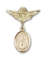 14K Gold Baby Badge with St. John of the Cross Charm and Angel with Wings Badge Pin