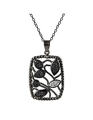 Gunmetal-Colored Sterling Silver Clear and Black Crystal with Onyx Rectangle Pendant Necklace, 18"