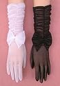 Stretch Sheer Sparkle Tricot Gloves, Longer Length with Shirring and Bows