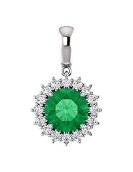 18K White Gold 8.00mm Round Cut Chatham Created Emerald and Diamond Pendant -- LIFETIME WARRANTY