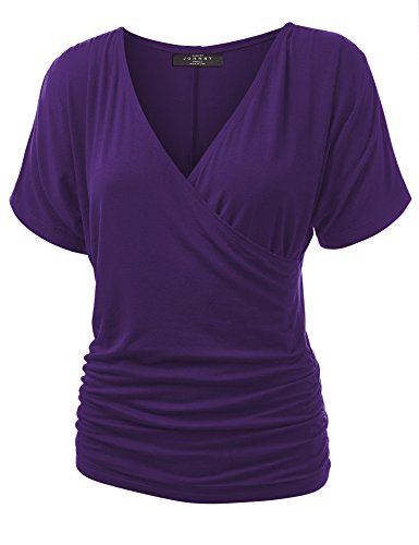 MBJ Womens V Neck Short Sleeve Wrap Front Drape Dolman Top