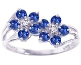 14K White Gold Gemstone and Diamond Twin Flower Ring-Blue Sapphire, size7.5