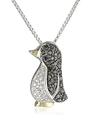 XPY Sterling Silver and 14k Yellow Gold Black and White Diamond Penguin Pendant Necklace (0.23 cttw, Black Diamonds and  I-J Color, I3 Clarity), 18"