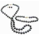 14k Yellow Gold 7-7.5mm Dyed Black Freshwater Cultured Pearl Necklace, Bracelet and Stud Earring Set