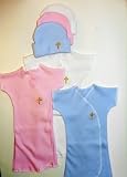 Pink, Blue or White Cross Gown Set (Four preemie and newborn sizes), Small Preemie 3-6 Pounds, Light Blue