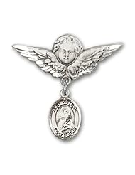 Sterling Silver Baby Badge with St. Victoria Charm and Angel with Wings Badge Pin